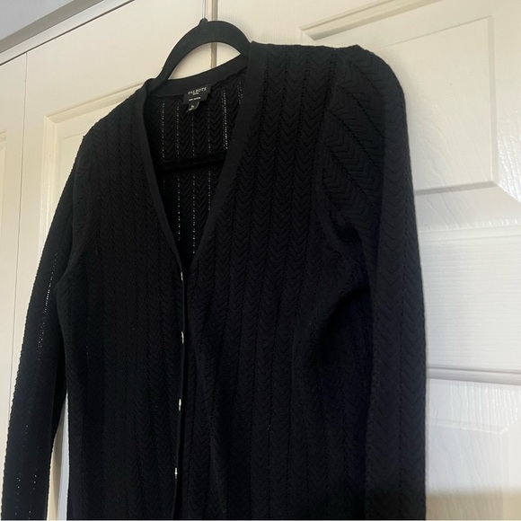 Talbots Women Cardigan Petite Small Black Pima Cotton Pointelle Knit Button Up - Picture 2 of 6